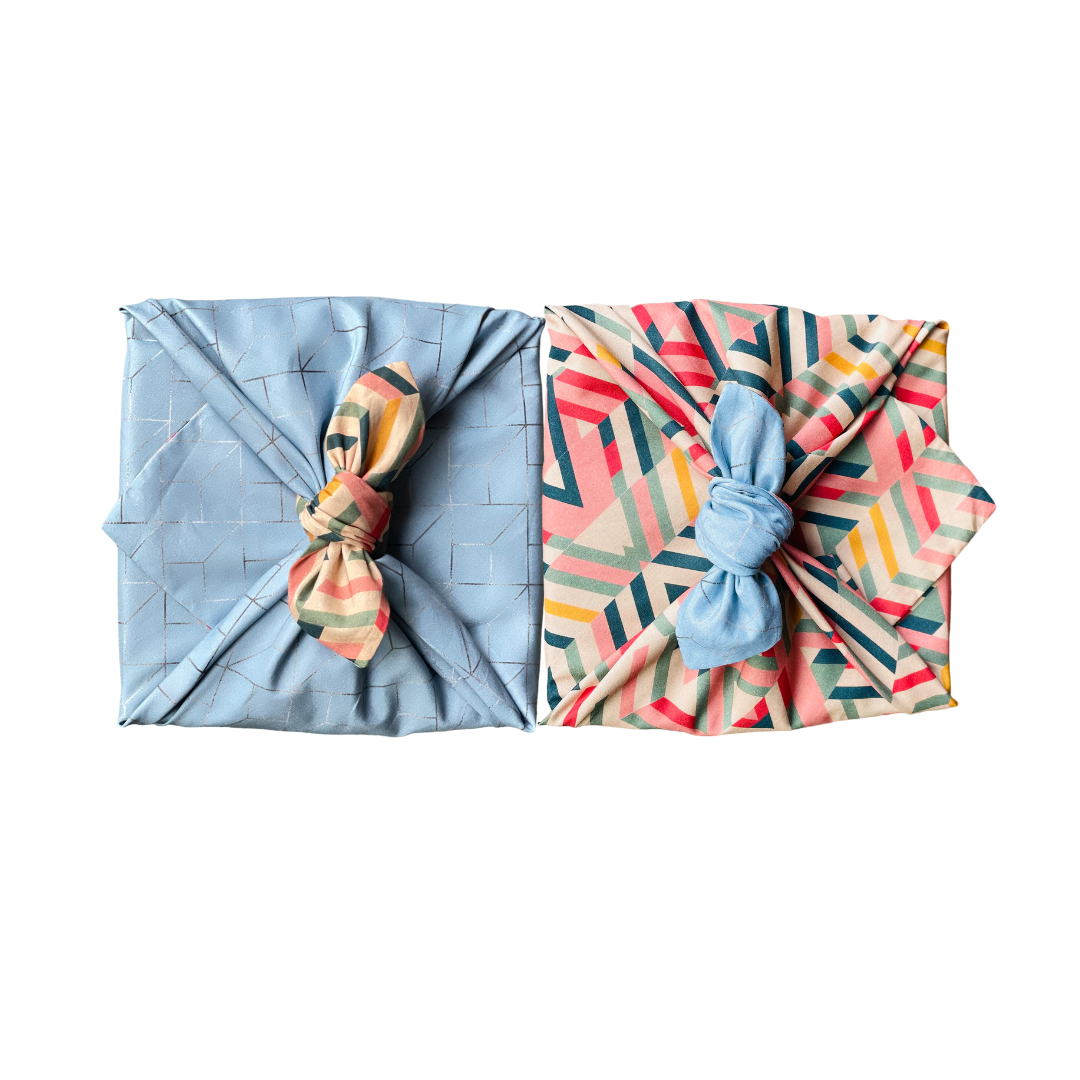 doppelseitige Furoshiki, Schenken ohne Müll, Furoshiki, Furoshiki Tuch doppelseitig, Furoshiki streifen, Furoshiki hellblau, Geschenktuch