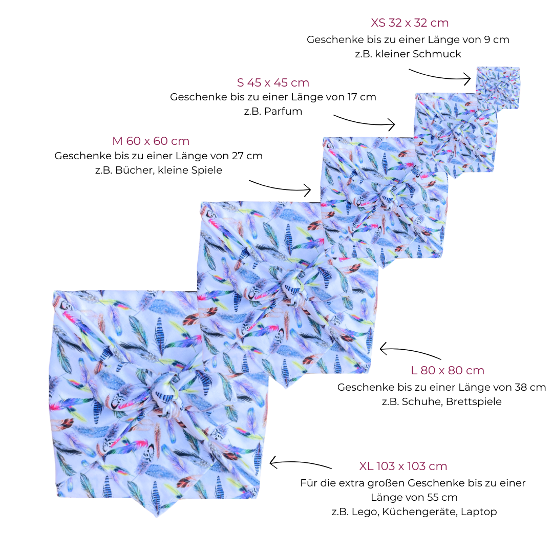 Furoshiki, Furoshiki Tuch, Furoshiki mit bunten Federn, gift Wrap, Gift Wrapping, sustainable, sustainable wrapping, Geschenktuch, less waste, zero waste Schenken, nachhaltige Geschenkverpackung, Stoff Geschenkverpackung, Schenken ohne Müll, Gift for her, Geschenk für die Frau