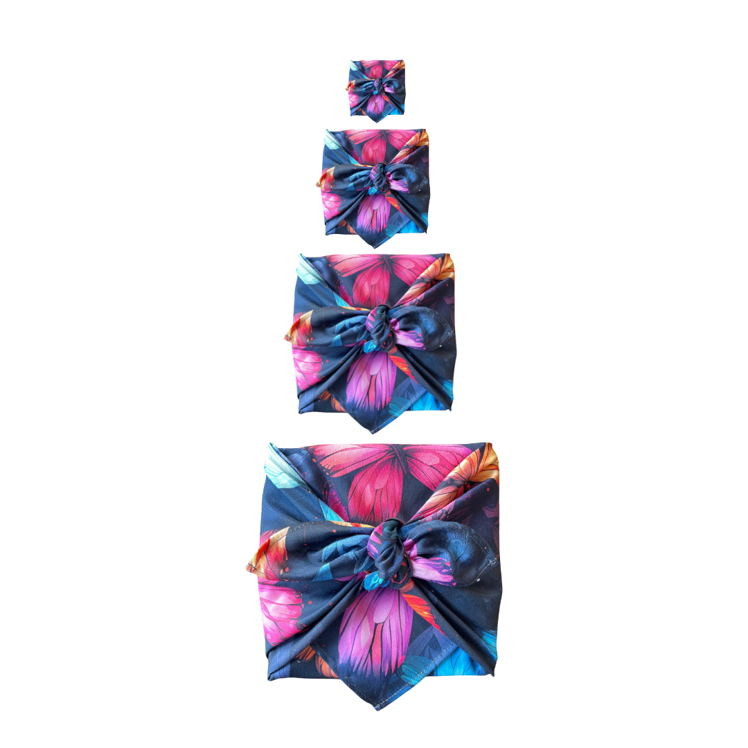 Furoshiki Lumina, Geschenktücher aus Stoff, wiederverwendbares Geschenkpapier, Furoshiki Tuch, Furoshiki Geschenktuch, Furoshiki mit Schmetterlingen, Furoshiki neofarben, Furoshiki cloth, Geschenkverpackung aus Stoff