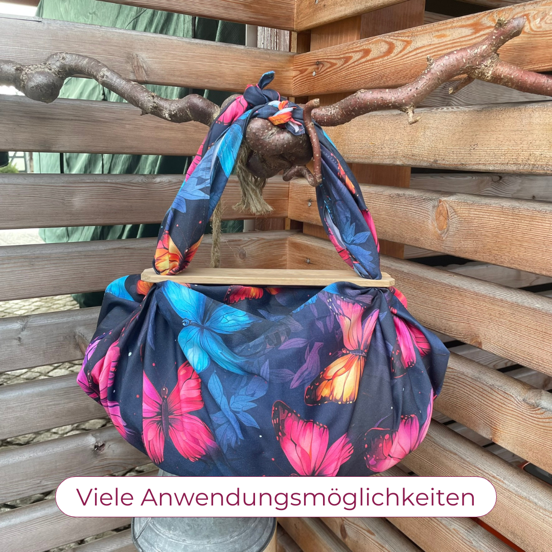 Furoshiki Lumina, Geschenktücher aus Stoff, wiederverwendbares Geschenkpapier, Furoshiki Tuch, Furoshiki Geschenktuch, Furoshiki mit Schmetterlingen, Furoshiki neofarben, Furoshiki cloth, Geschenkverpackung aus Stoff, Furoshiki Bag, Furoshiki wooden handle