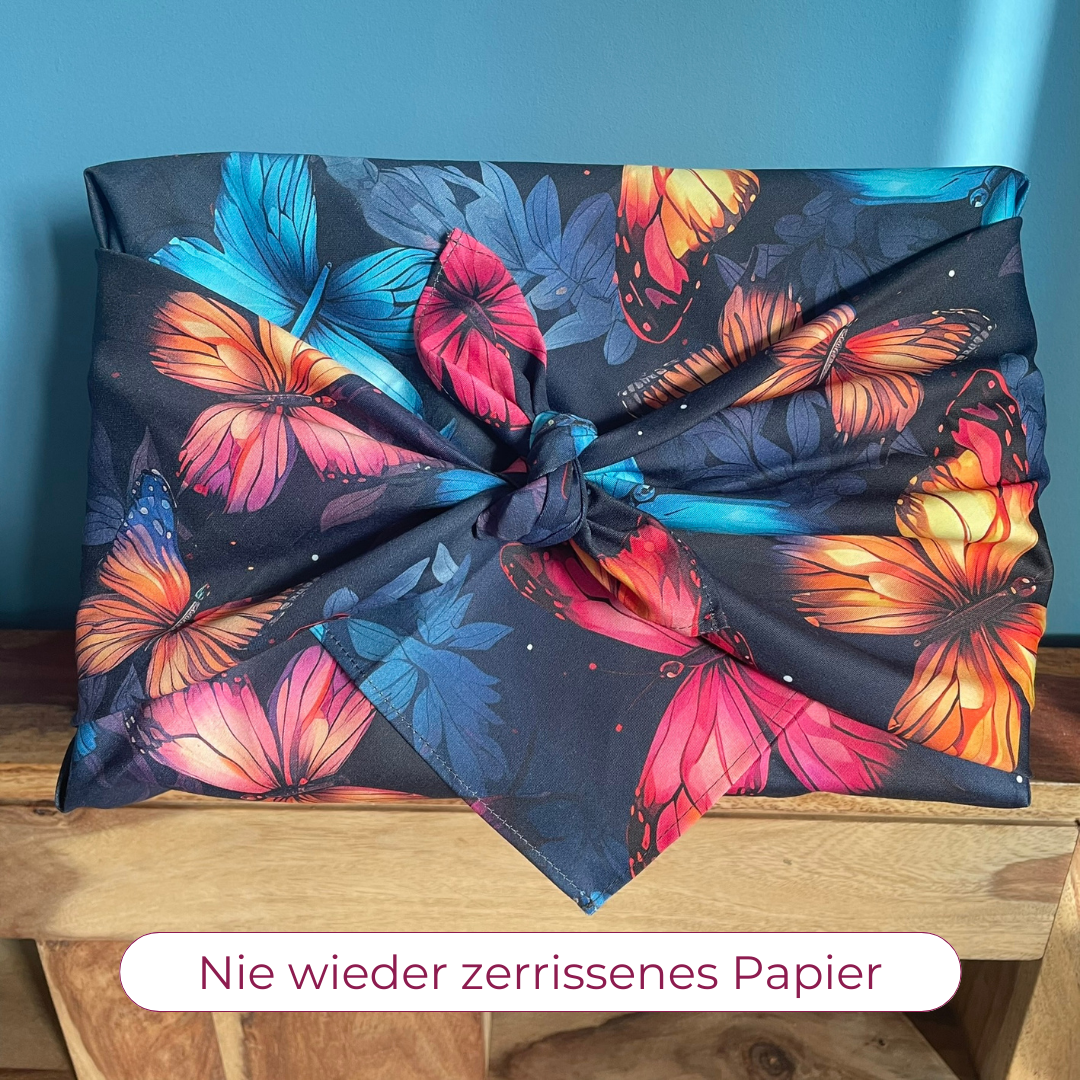 Furoshiki Lumina, Geschenktücher aus Stoff, wiederverwendbares Geschenkpapier, Furoshiki Tuch, Furoshiki Geschenktuch, Furoshiki mit Schmetterlingen, Furoshiki neofarben, Furoshiki cloth, Geschenkverpackung aus Stoff