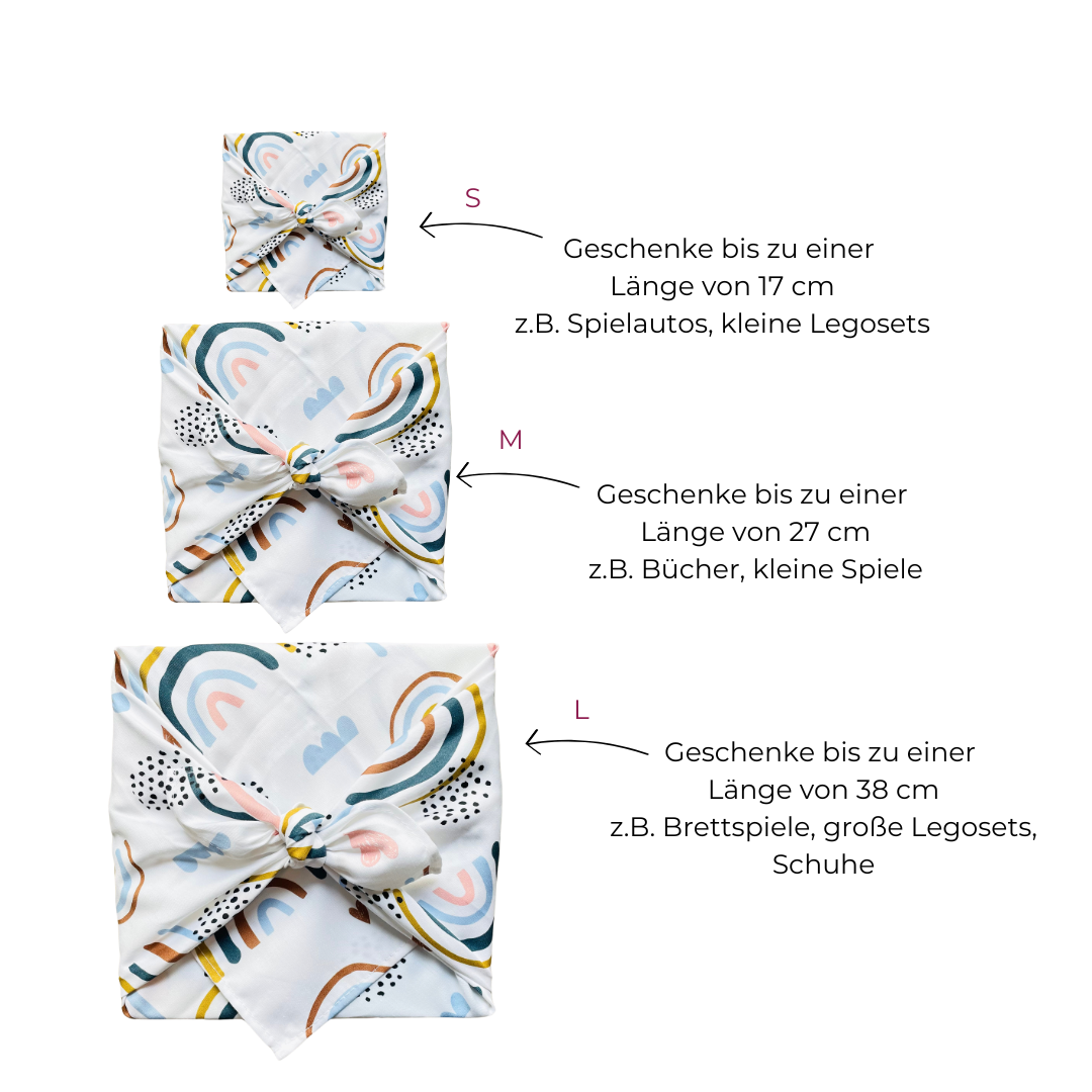 Furoshiki, Furoshiki Kindermotiv, Furoshiki Regenbogen, nachhaltige Geschenkverpackung, Geschenpapier Kinder, Furoshiki Größe