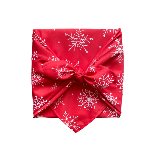 Furoshiki, Furoshiki Weihnachten rot, Christmas gift wrap, Geschenkverpackung aus Stoff, Schneeflocken, Furoshiki Set, Furoshiki rot mit Schneeflocken, nachhaltige Geschenkverpackung, zero waste schenken, wiederverwendbares Geschenkpapier