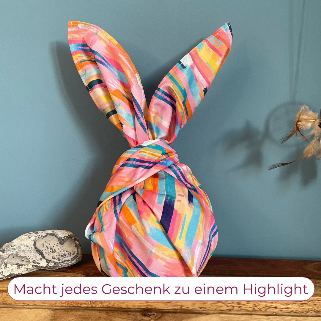 Furoshiki bunte Streifen, Furoshiki Regenbogenfarben, Furoshiki Tuch, Furoshiki Sommer und Frühling, Furoshiki cloth, wiederverwendbares Geschenkpapier, Geschenkverpackung aus Stoff, Geschenktuch, wiederverwendbare Geschenkverpackung, Furoshiki Quilly, Furoshiki Osterhase, Furoshiki Kindergeburtstag