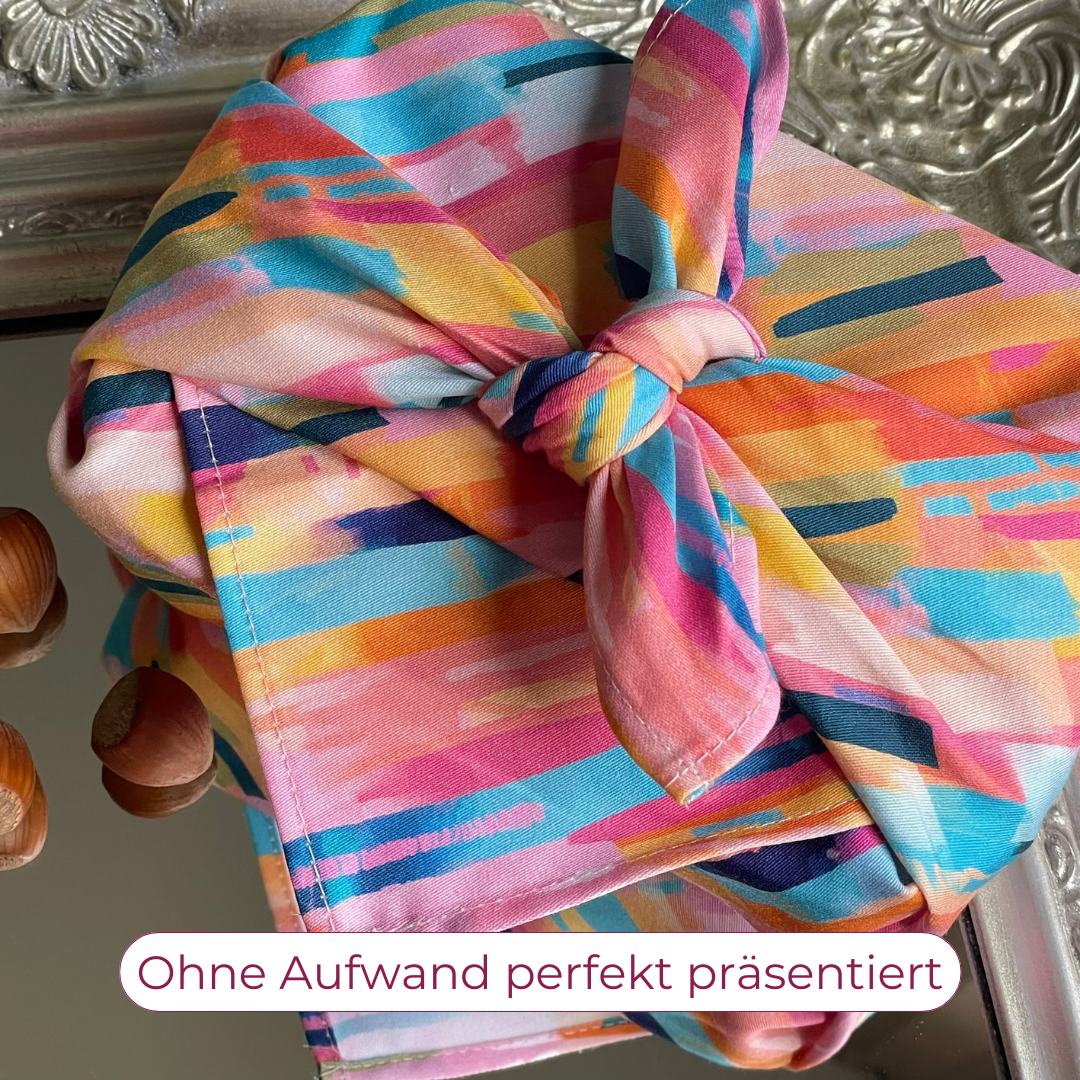 Furoshiki rainbow colors, Furoshiki cloth, Geschenktücher aus Stoff, wiederverwendbares Geschenkpapier, Furoshiki Frühling, Furoshiki Ostern, Furoshiki bunte Streifen, Furoshiki Kinder, Furoshiki Kindergeburtstag, Geschenktuch Kindergeburtstag, Furoshiki Tuch