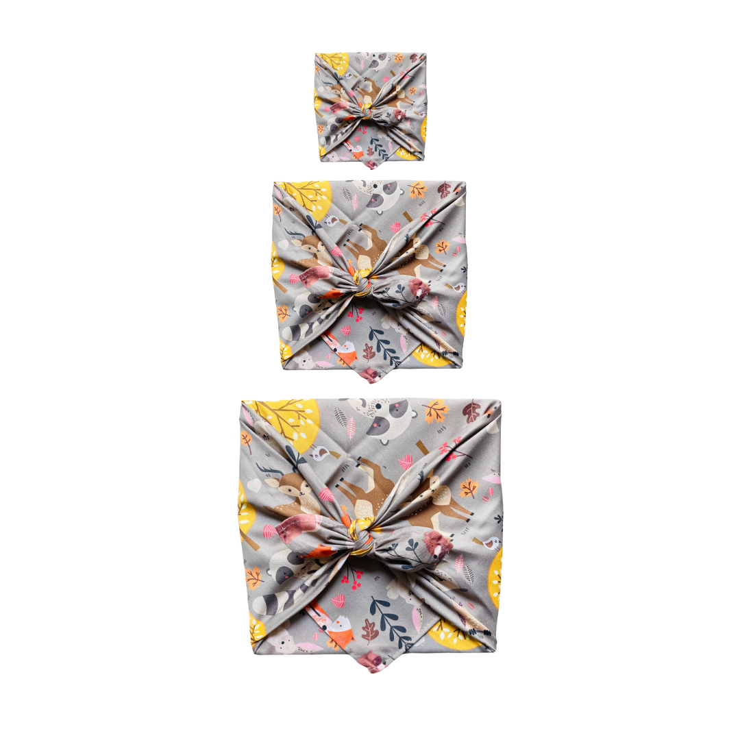 Furoshiki, Furoshiki Set Kinder, Furoshiki Waldtiere, wiederverwendbare Geschenkverpackung, nachhaltige Verpackung, nachhaltiges Geschenkpapier